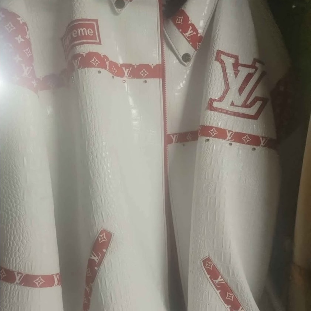 Louis Vuitton x Supreme White and Red Alligator Leather Designer Jacket